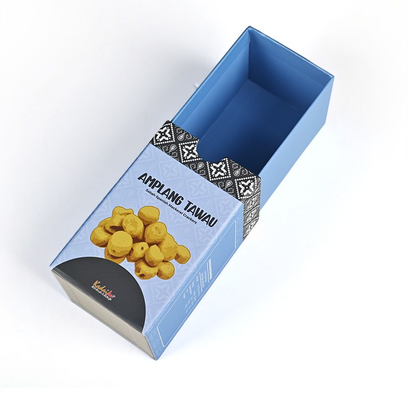 صندوق تغليف طعام بتصميم درج مخصص يعرض آلية الانزلاق الأزرق.