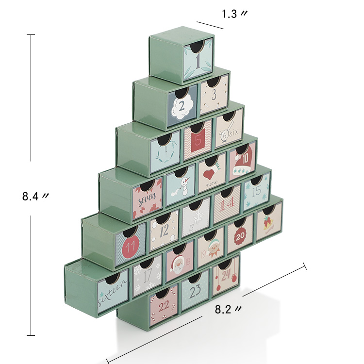 Boîte de calendrier de l'avent arbre de Noël vert à plusieurs niveaux avec 24 tiroirs et étiquettes de dimension