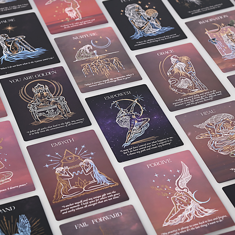 Detailed celestial oracle card artwork for Manifest, Your Calling, and Abundance.