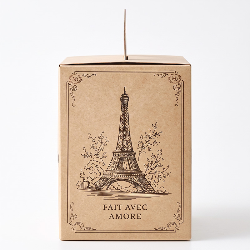 Close-up of the French-themed design on a custom Kraft box from Brothersbox.