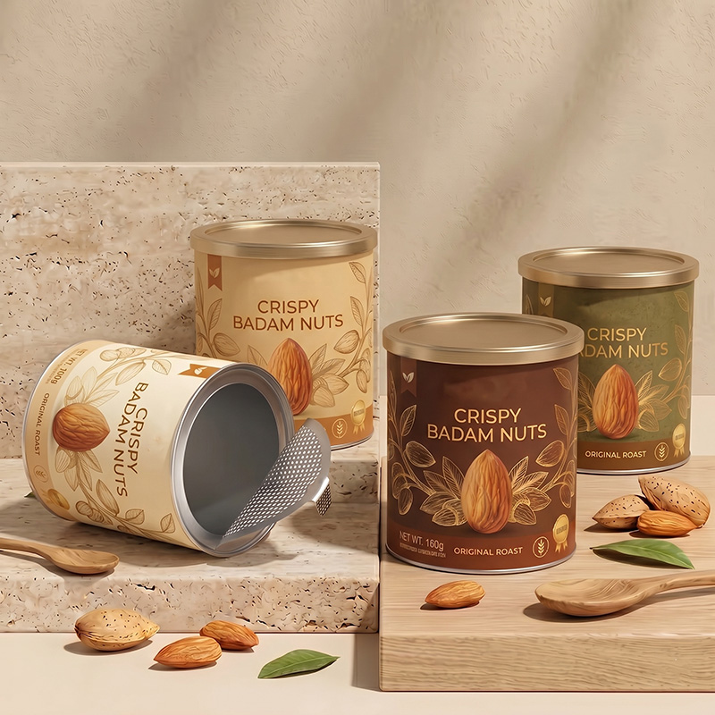 Easy-peel aluminum foil seal partially opened on nut packaging tin