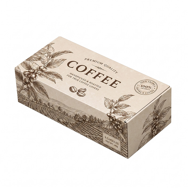 High angle isometric view of closed tuck top mailer box for coffee capsule packaging