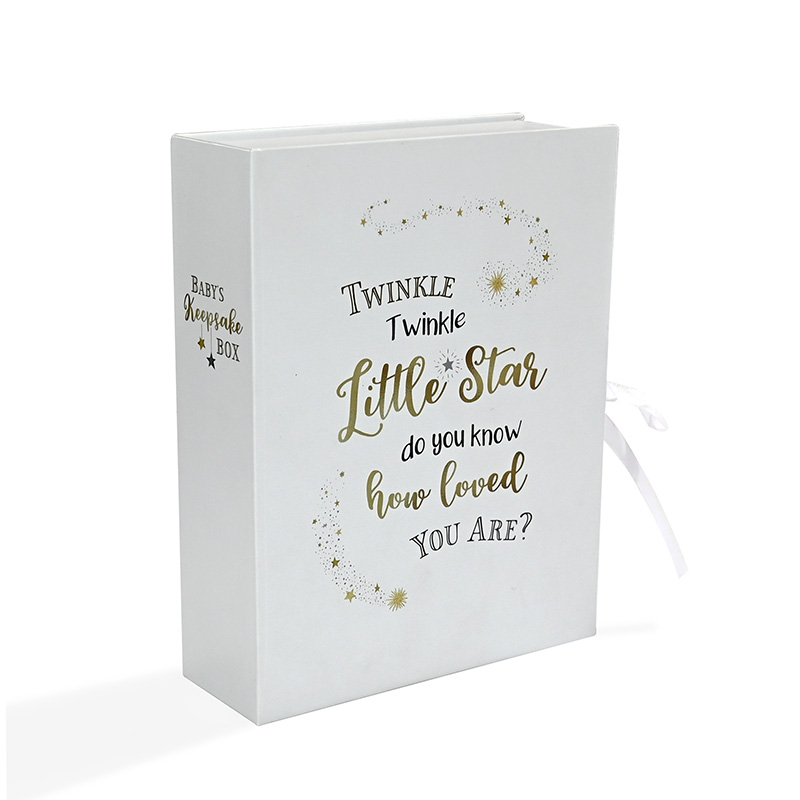 Standing white custom paper gift box for baby precious memories manufactured by Brothersbox.