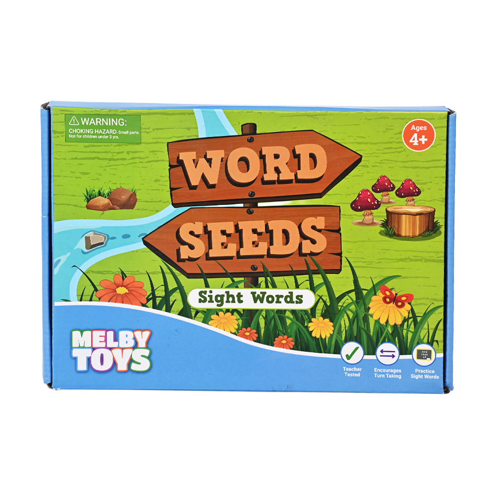 Juego de mesa de alfabetización con temática de jardín de semillas de palabras para más de 4 años.