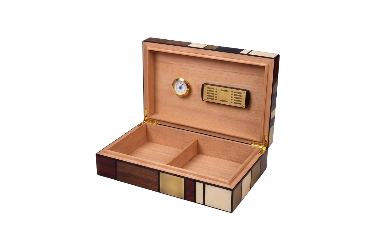 Humidificateur à cigares en bois, doublé de cèdre, vendu en gros, avec hygromètre analogique et dispositif d’humidification intégré; emballage en vrac personnalisé direct usine
