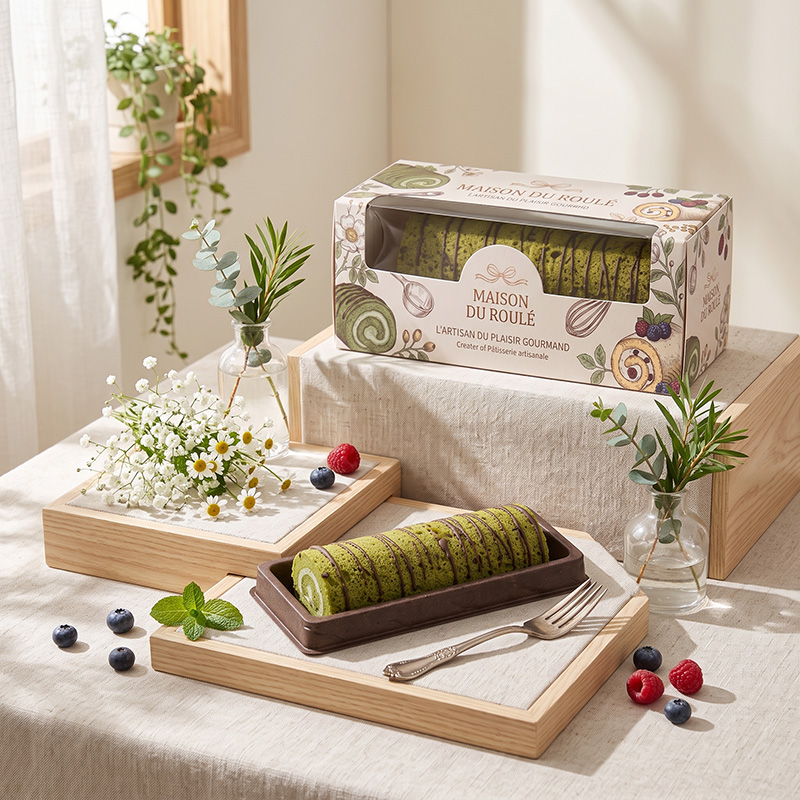 Elegant custom cake box with clear PVC window for Swiss rolls.