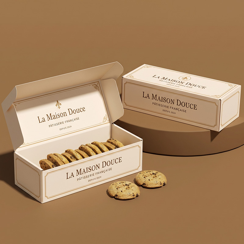 French style cookie box open displaying freshly baked chocolate cookies