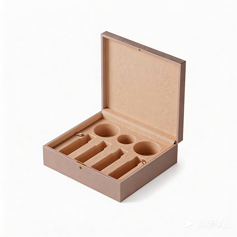 Caixa personalizada Brothersbox com tampa aberta, com foco na combinação de uma inserção texturizada e a janela PET transparente, garantindo apresentação e proteção.