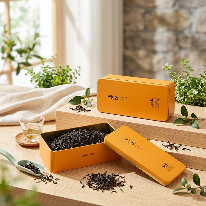 Boîte à thé personnalisée avec une scène de style de vie de revêtement de laque d'or de qualité alimentaire.
