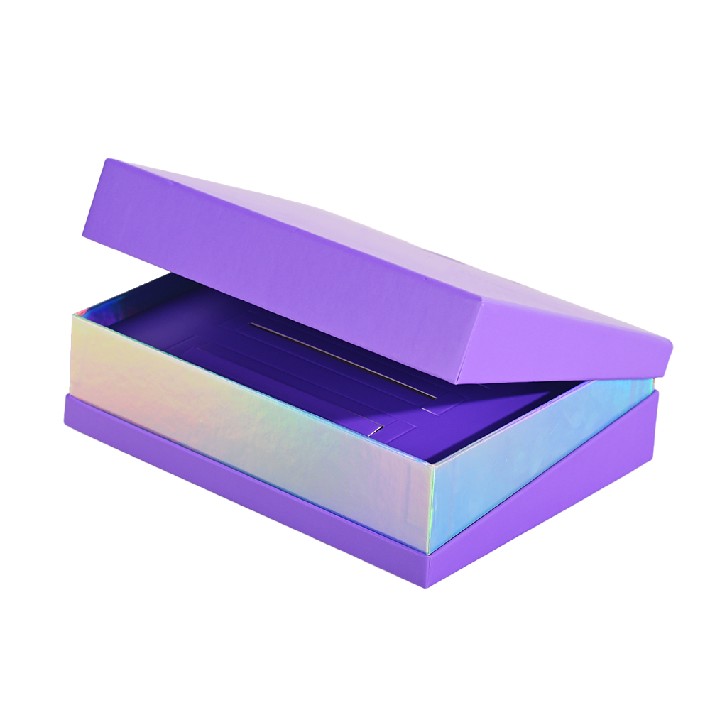 Partially open purple rigid box displaying holographic inner base collar and smooth fit