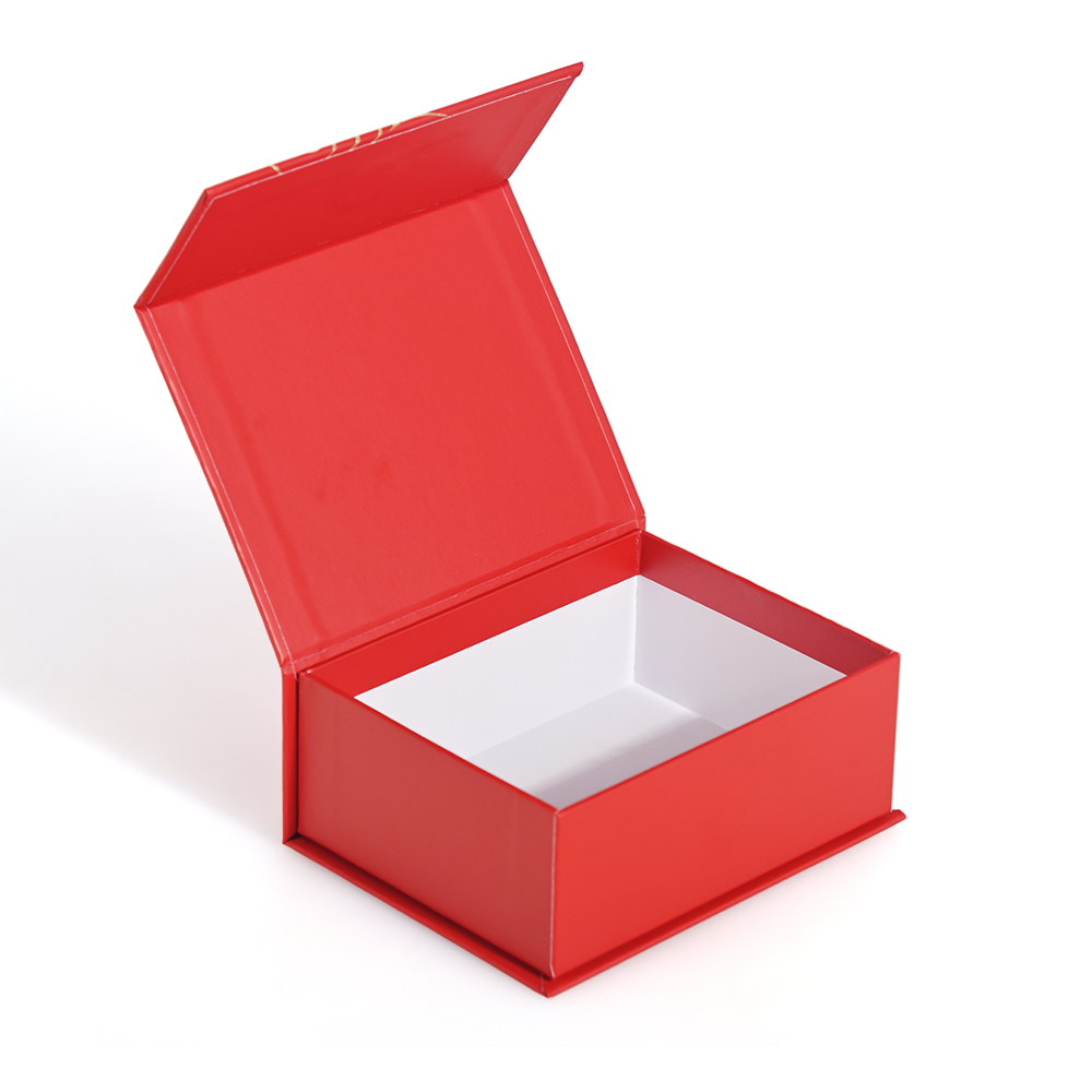 Fully opened red Chinese style magnetic gift box with white interior