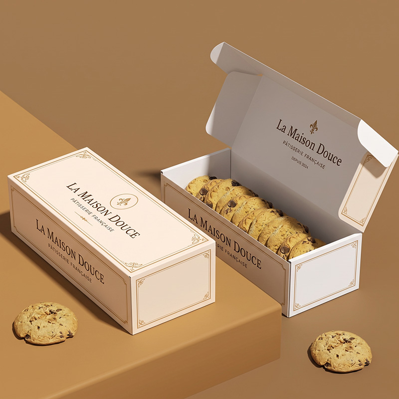Side view of cream pastry boxes showing interior cookie arrangement