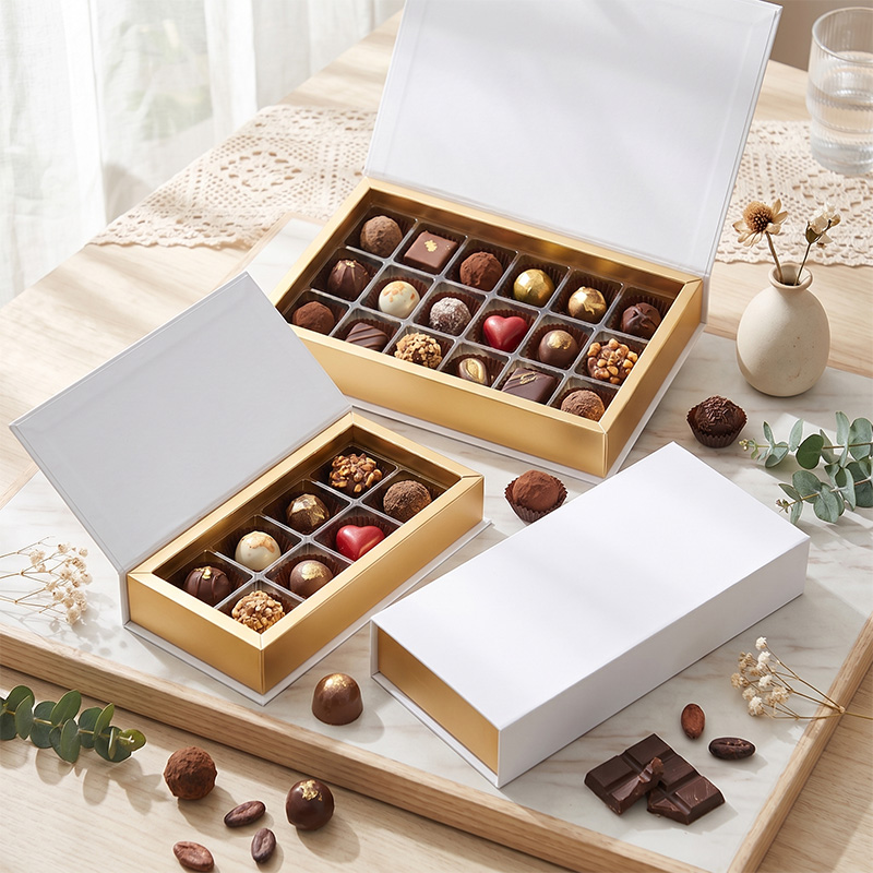 Boîtes-cadeaux de luxe pour le chocolat, ouvertes et garnies d’assortiments de truffes artisanales présentées dans des compartiments individuels sur une table en marbre.