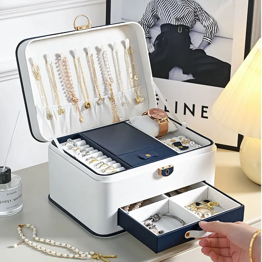 Elegant Blue Leather Jewelry Box with Drawers and Lock