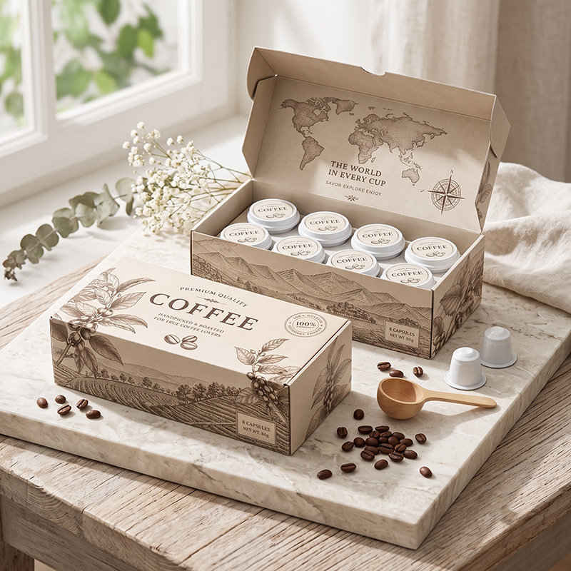 Premium coffee capsule packaging boxes on marble table with coffee beans and pods