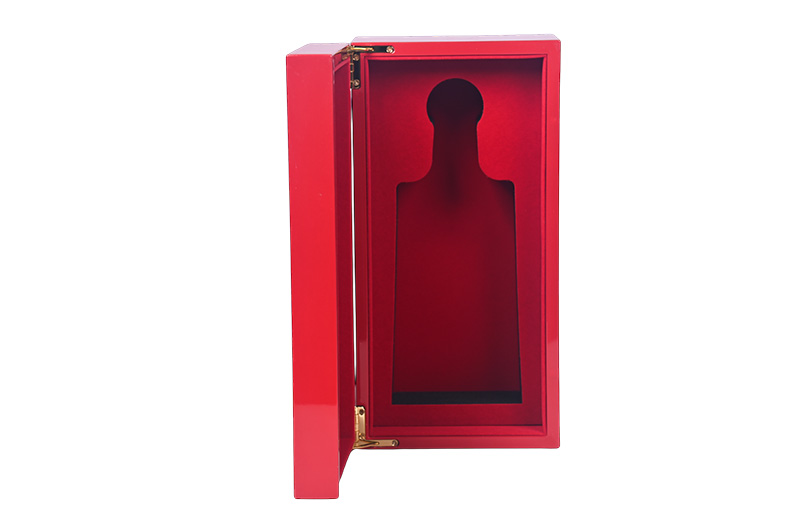 Upright open view of custom red wooden liquor box with interior structural display
