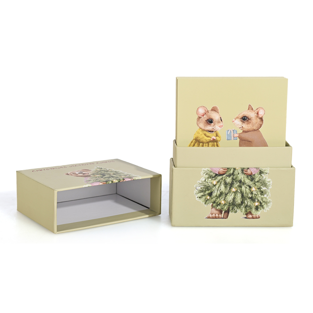 Close-up of a two-piece telescope box (shoulder box) design for holiday card storage.