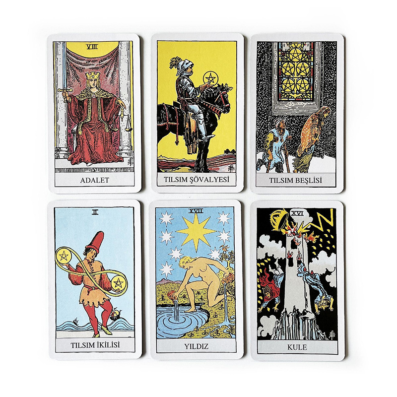 Ilustraciones detalladas de cartas del tarot: seis de varitas, diez de espadas, reina de copas y templanza.