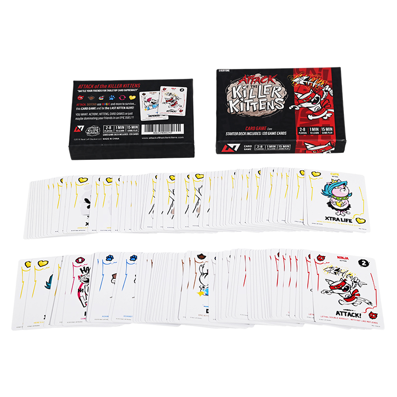 Open box view of card game containing 120 custom printed game cards.