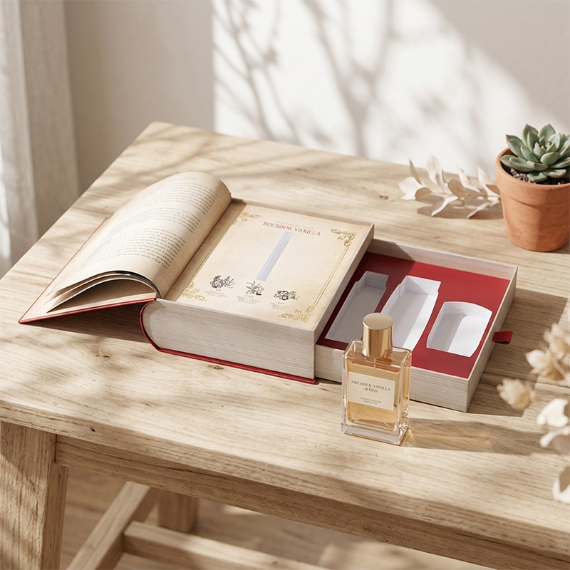 Caixa de perfume em forma de livro, com bordas com textura realista de papel