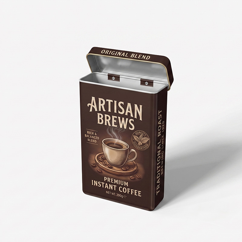 Open rectangular coffee tin box showing attached hinged lid mechanism and silver interior