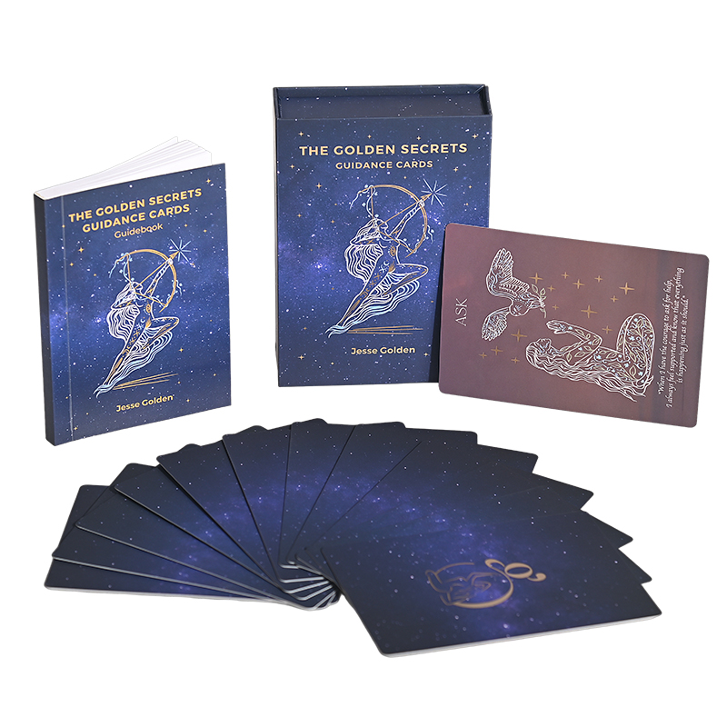 Custom rigid magnetic flip box for oracle card set with gold foil stamping.