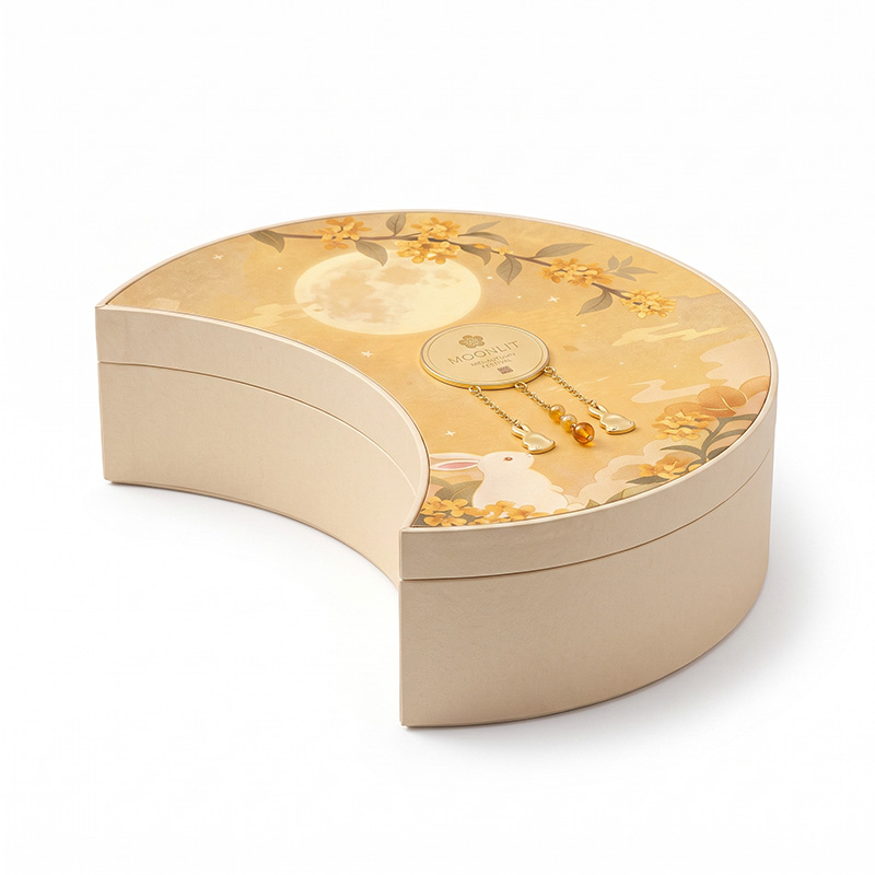 Vue latérale de la boîte-cadeau Mooncake en papier rigide en forme de croissant de lune