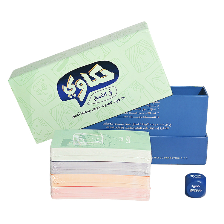 Social-Kartenspiel mit 4 Kategorien: Arbeit, Beziehungen, Leben und Entscheidungen.