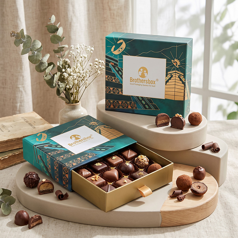 Cajas de chocolate personalizadas estilo cajón de lujo llenas de trufas gourmet en una exhibición de estilo de vida