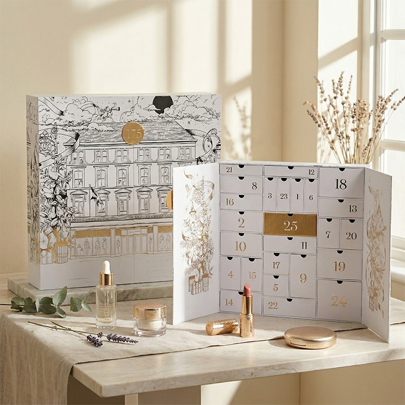 Christmas gift ideas: Custom beauty advent calendar box on a festive table.