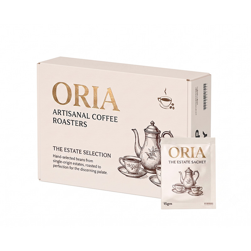 Caixa de mailer de café de cor creme personalizada com logotipo de estampagem de folha de ouro e ilustrações vintage.