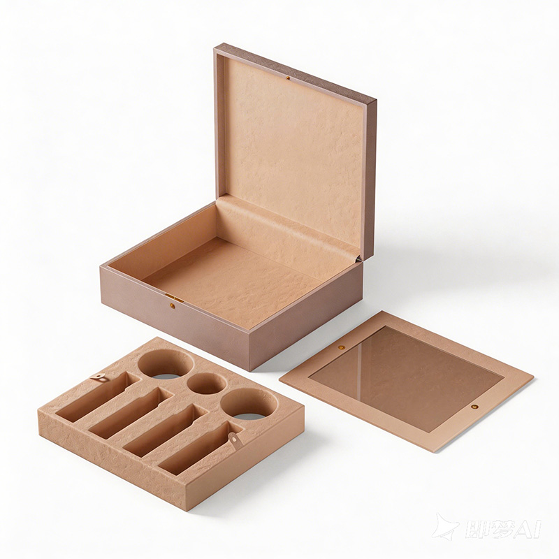 Vista de cima para baixo de um conjunto aberto de caixa de perfume Brothersbox premium, revelando a bandeja de flocagem personalizada e a tampa protetora PET transparente com uma pequena aba de ouro.