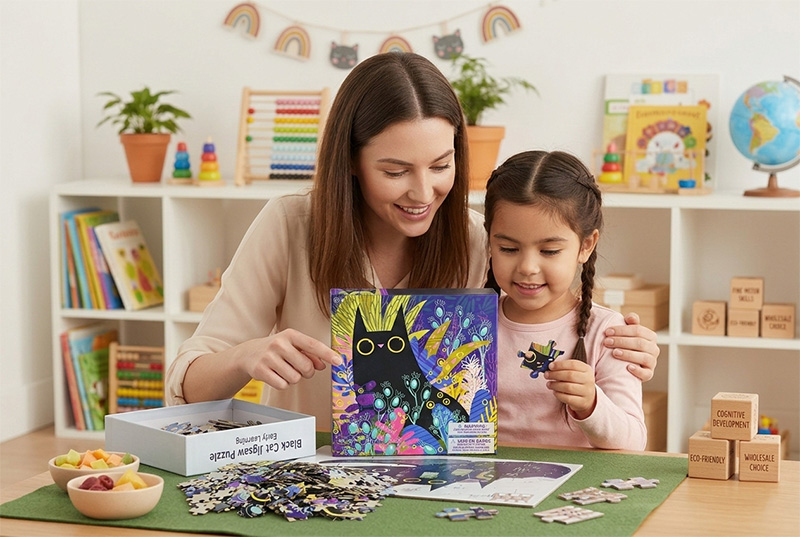 Rompecabezas de los niños del gato negro para el aprendizaje temprano