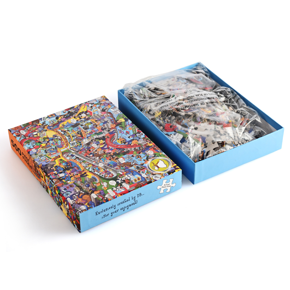 High-quality cardboard puzzle pieces inside a sturdy blue base box.