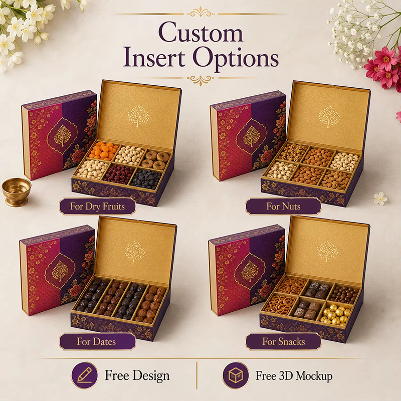 Custom insert options for food packaging boxes showing variations for dry fruits, nuts, dates, and snacks.