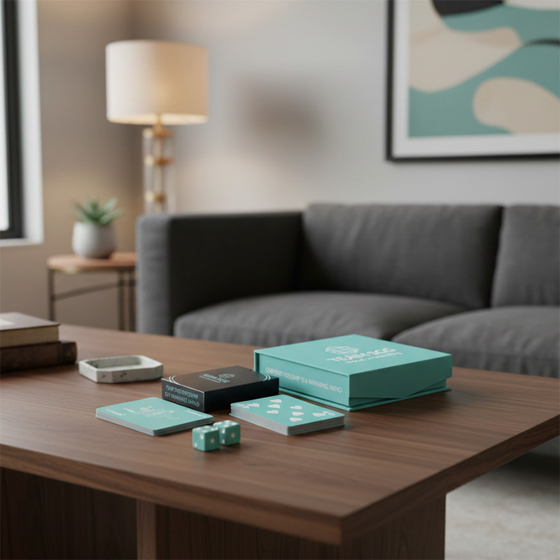 Cartas impresas personalizadas Premium con dados a juego en una caja de regalo magnética de marca.