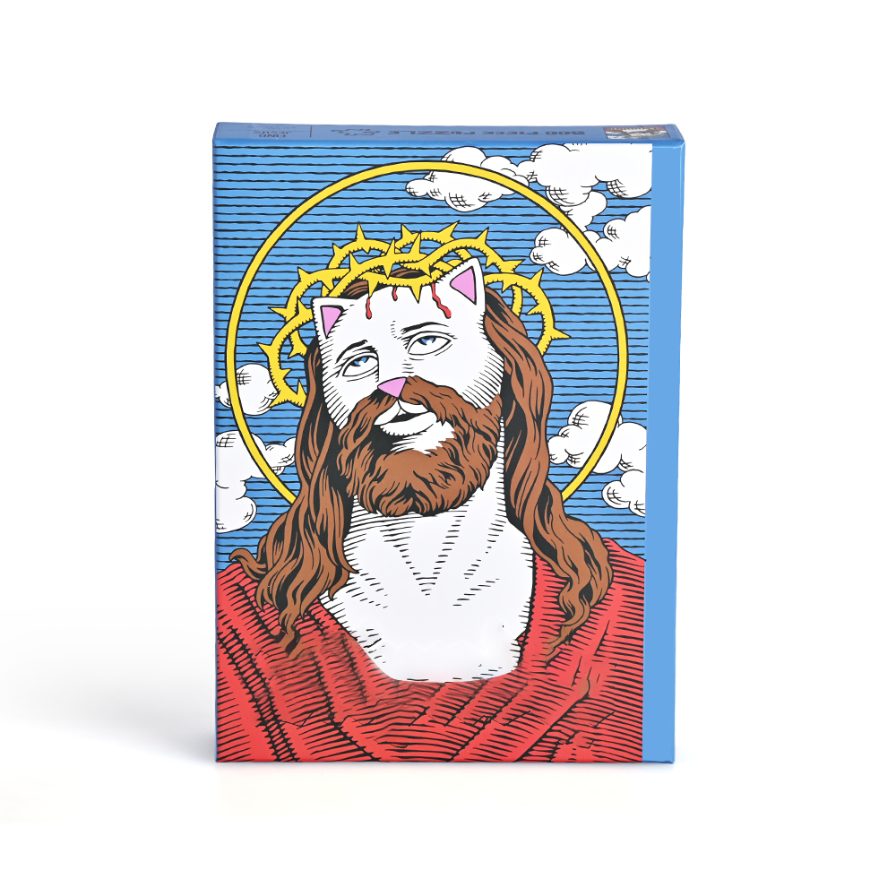 Custom 500 piece jigsaw puzzle featuring Lord Nermal cat in religious icon art style.