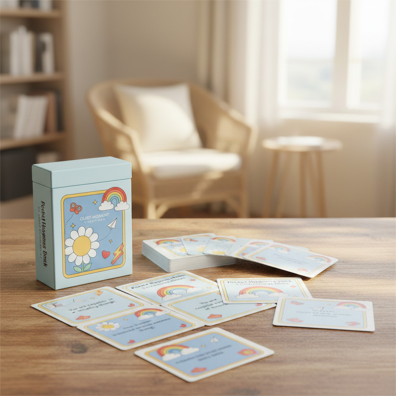 Tarjetas de afirmación para niños pequeños colocadas en un escritorio de madera en un ambiente acogedor y soleado.