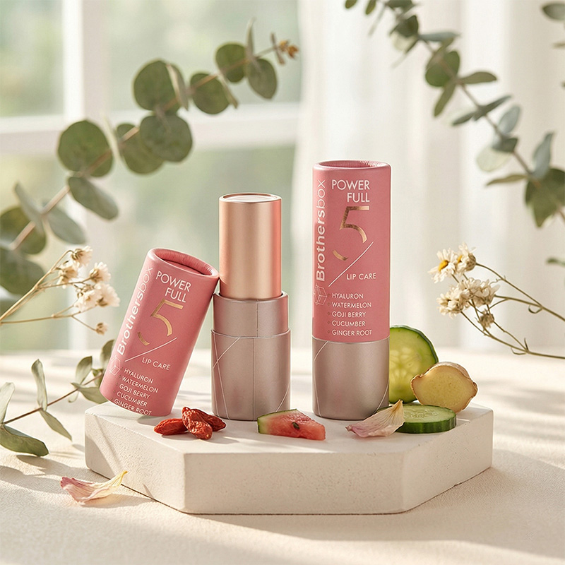 Close-up do produto da embalagem de bálsamo labial ecológico Brothersbox com detalhes em ouro rosa