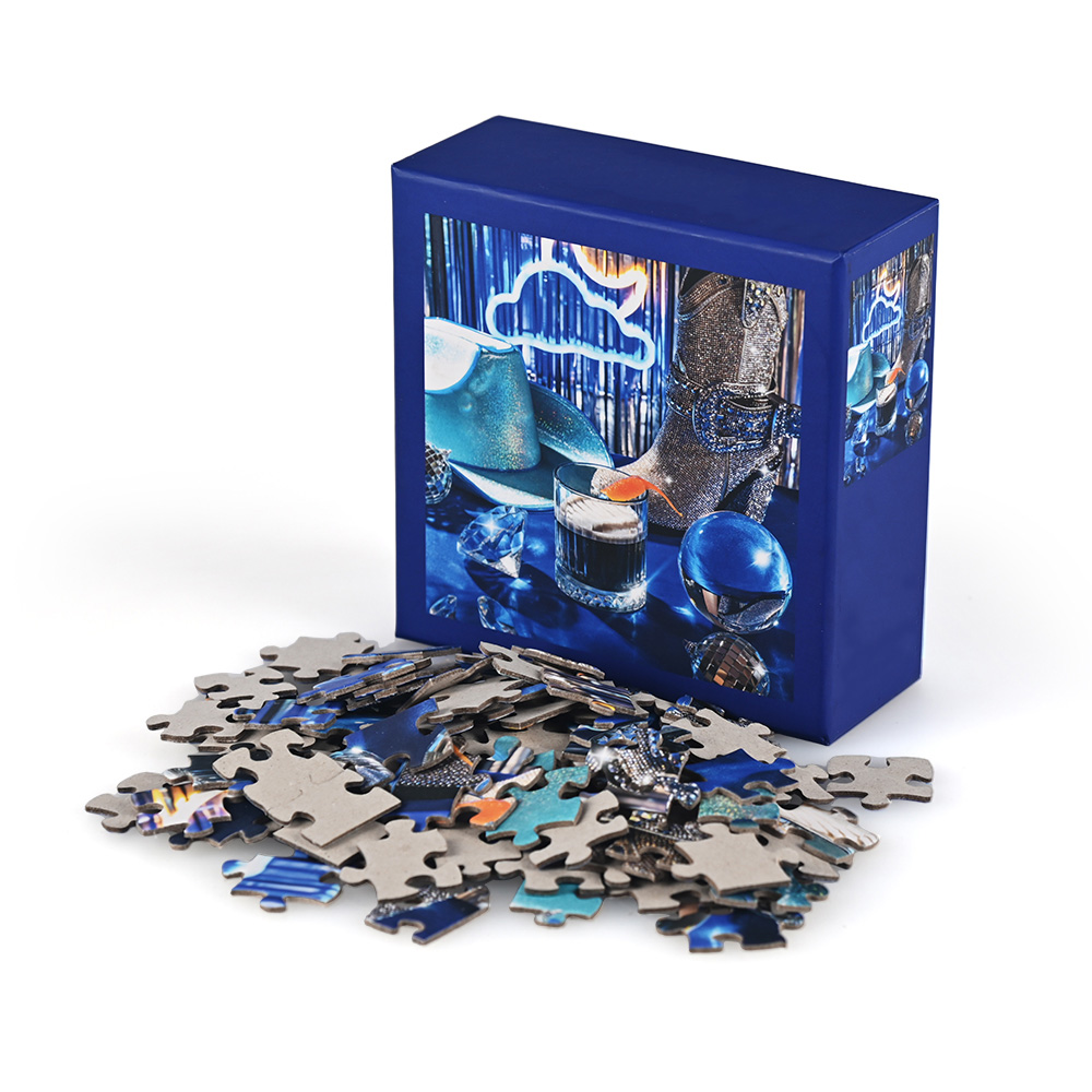 500 piece adult jigsaw puzzle with scattered pieces and stylish storage box